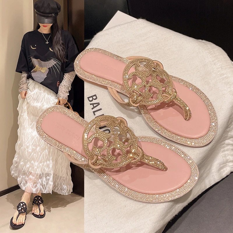 Tory Burch Sandals Double T rhinestone slide and thong — TB Rhinestone-Pink
