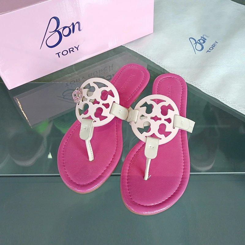 Tory Burch Sandals Double T rhinestone slide and thong — bon-deep pink
