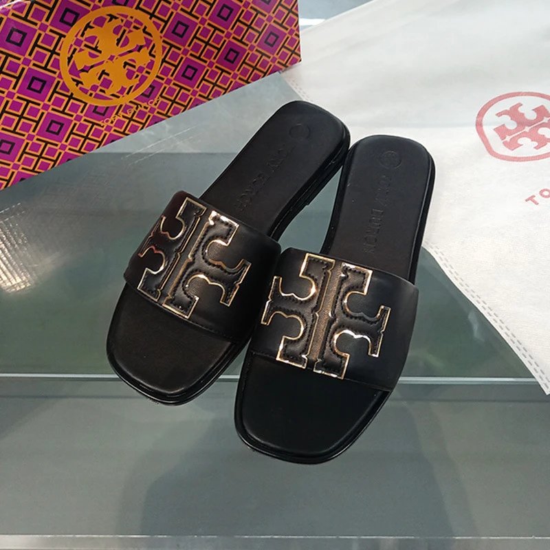 Tory Burch Sandals Double T rhinestone slide and thong — Slide sandals-Black