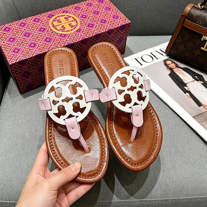 Tory Burch Sandals Double T rhinestone slide and thong — TB Mixed Color-Brown-Pink
