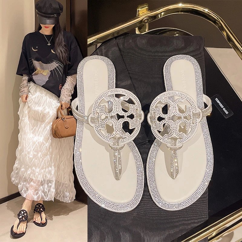 Tory Burch Sandals Double T rhinestone slide and thong — TB Rhinestone-White