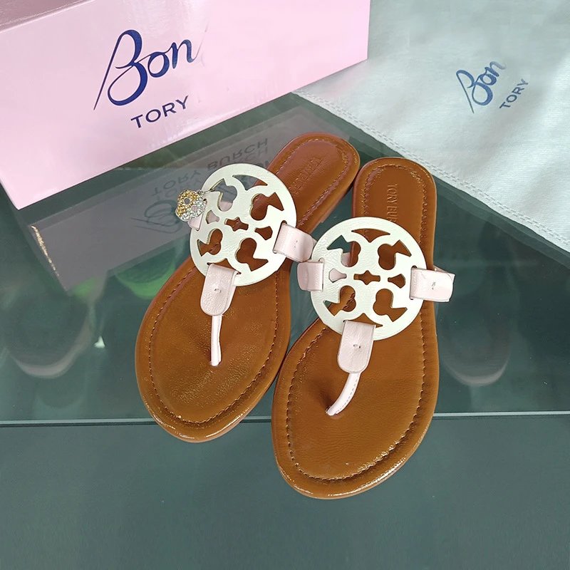 Tory Burch Sandals Double T rhinestone slide and thong — bon-brown pink
