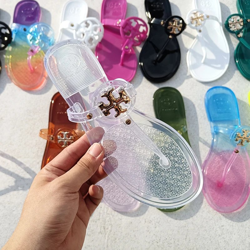 Tory Burch Sandals Double T rhinestone slide and thong — TB Xiao Kou-Transparent