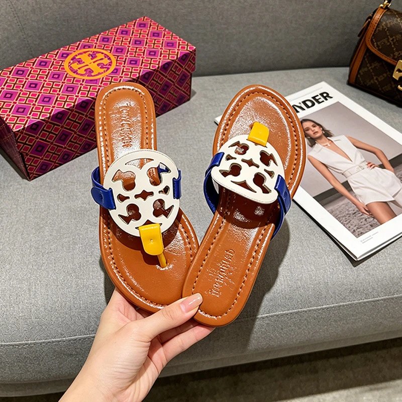 Tory Burch Sandals Double T rhinestone slide and thong — TB Mixed Color-Blue and Yellow