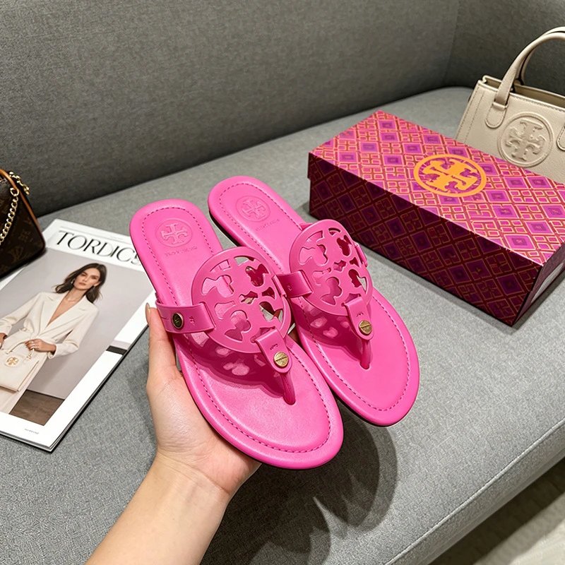 Tory Burch Sandals Double T rhinestone slide and thong — Flip-flops-Rose Red