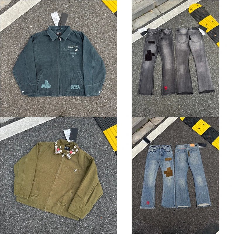 ERD Distressed Denim Jacket Dark Green Vintage Workwear