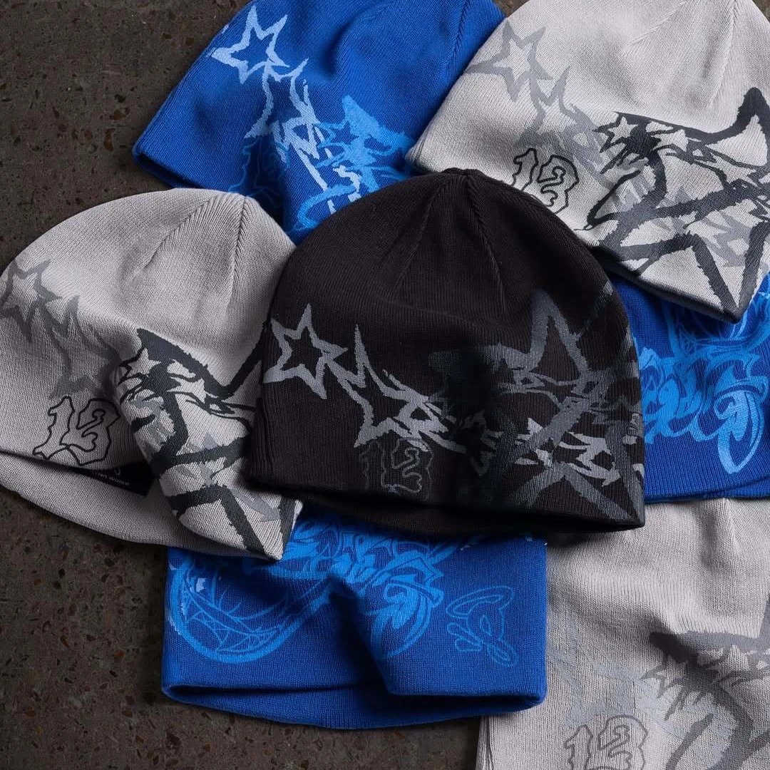 Knit Beanie Hat Black Gray Blue Graffiti Star Pattern