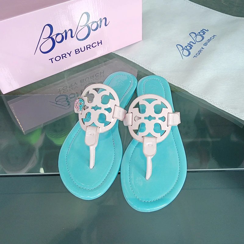 Tory Burch Sandals Double T rhinestone slide and thong — bon-blue pink
