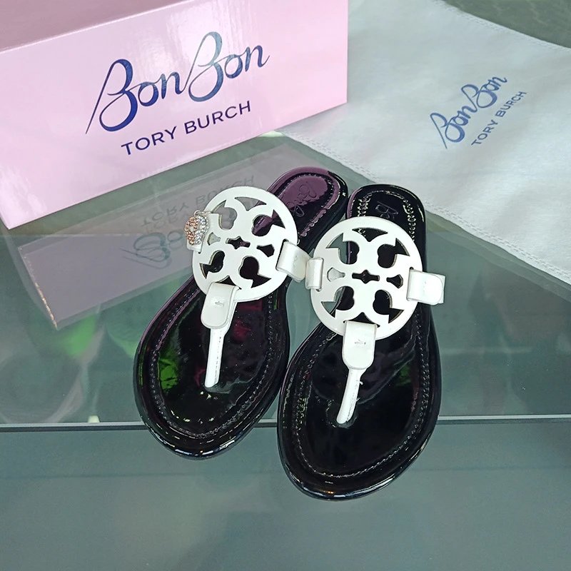 Tory Burch Sandals Double T rhinestone slide and thong — bon-black and white