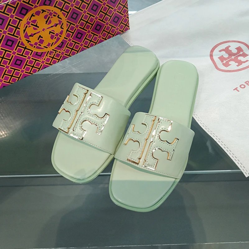 Tory Burch Sandals Double T rhinestone slide and thong — Flip-flops-Green