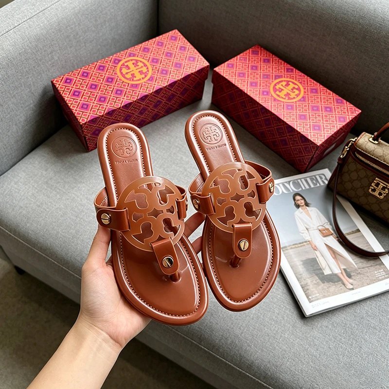 Tory Burch Sandals Double T rhinestone slide and thong — Flip-flops-Brown