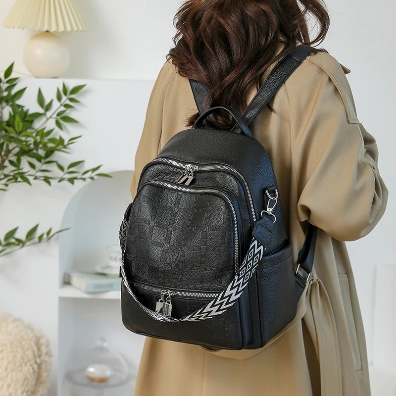 Black Leather-Texture Backpack with Geometric Strap Casual Style