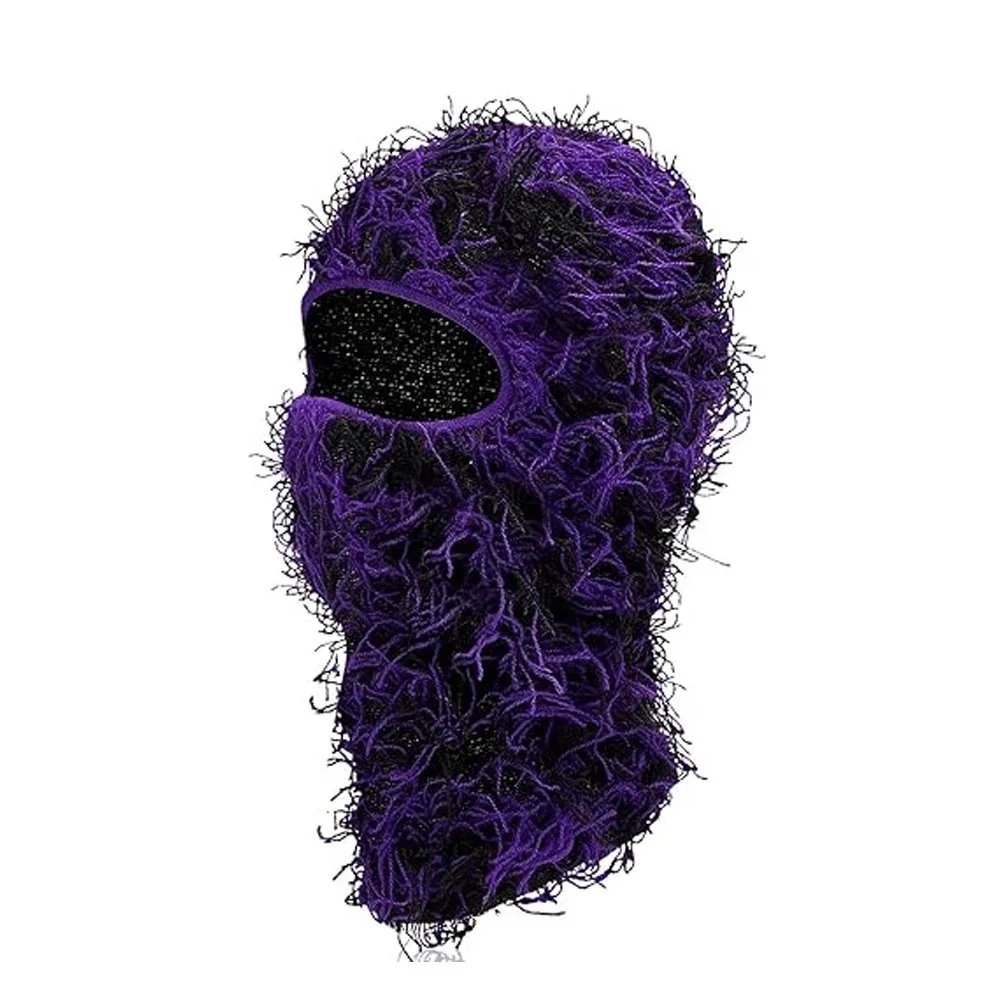 Unbranded Hats Knitted Single-Hole Balaclava — Black base with black-purple whiskers