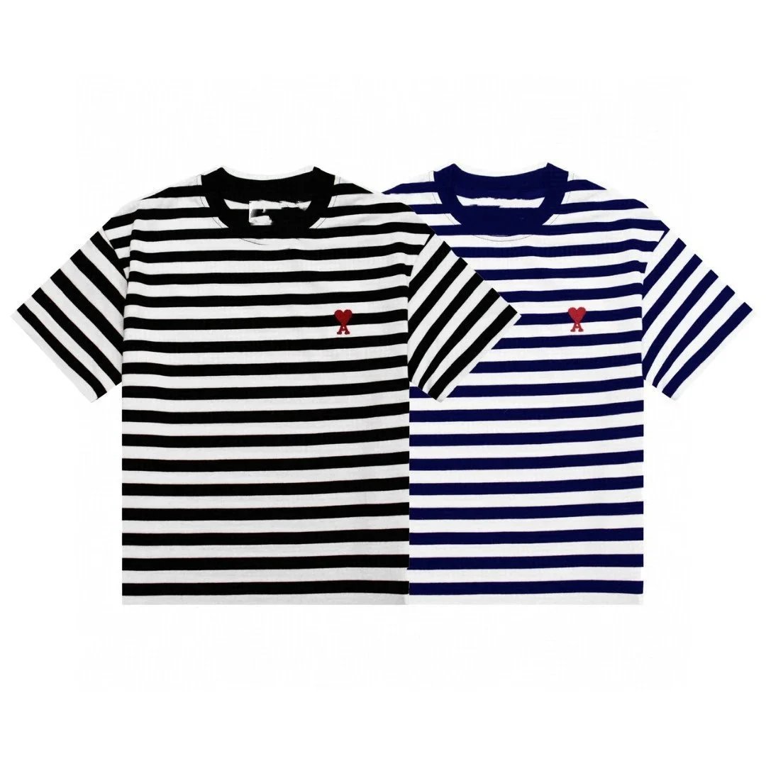 Fine Stripe Embroidered Small Heart Short Sleeve T-Shirt