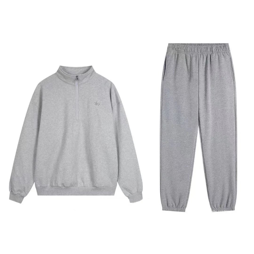 Alo Tracksuits Hooded sweatshirt and straight-leg sweatpants set — Gray Half-Zip Ankle-Tight Set