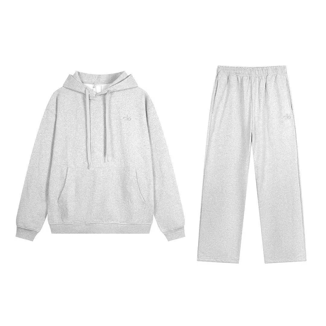 Alo Tracksuits Hooded sweatshirt and straight-leg sweatpants set — White and gray hooded straight-leg suit
