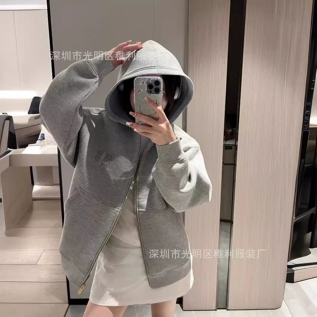 Gray Miu Miu Logo Zip-Up Hoodie