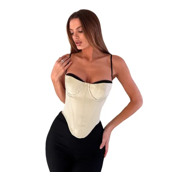 Design Corset Top Beige with Black Trim and Spaghetti Straps - 41
