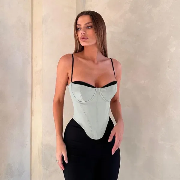 Design Corset Top Beige with Black Trim and Spaghetti Straps - 40