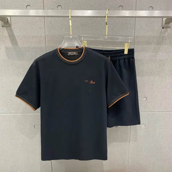 AMI Paris Embroidered Navy Set with Orange Trim T-Shirt and Shorts - 1