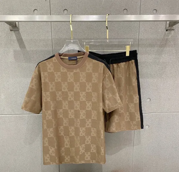 Louis Vuitton Damier Monogram Checkered T-Shirt and Shorts Set Beige - 1