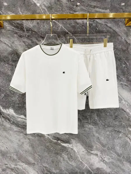 Lacoste Classic Crew Neck T-Shirt and Shorts Set White with Olive Trim - 1