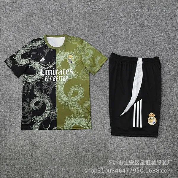 Real Madrid x Dragon Print Jersey Set Black/Olive Green Shorts - 1