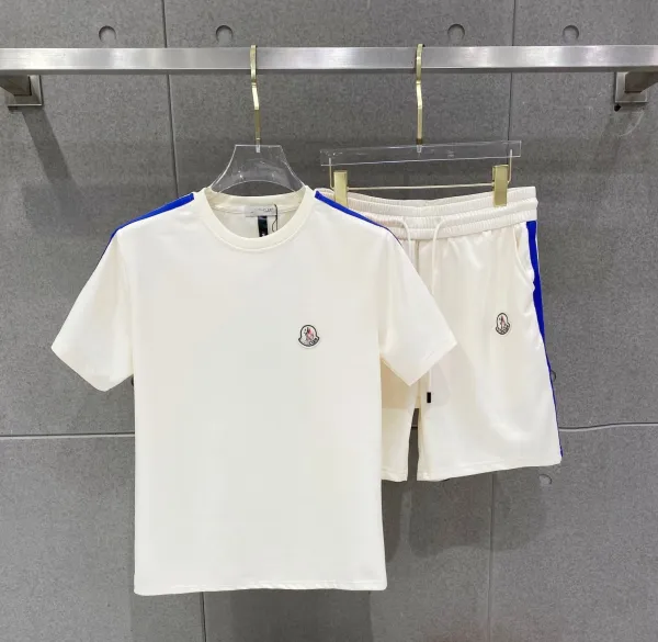 Moncler Logo Embroidery White T-Shirt and Shorts Set with Blue Trim - 1