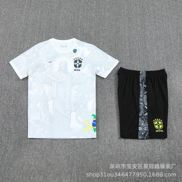Brazil National Team 2022 World Cup Away Kit White Jersey and Black Shorts Set - 1