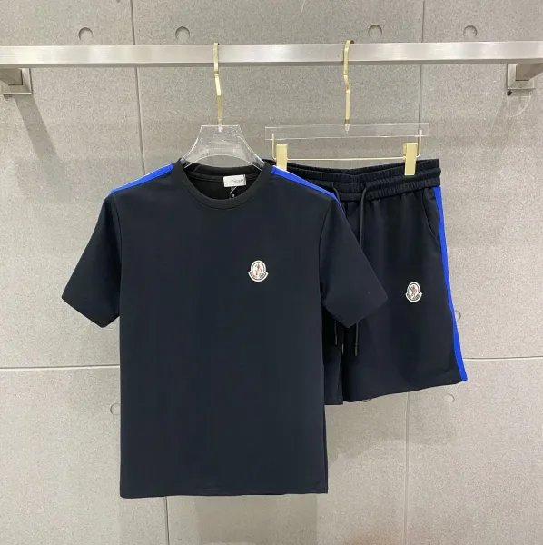 Moncler Logo Patch T-Shirt and Shorts Set Navy Blue with Royal Blue Trim - 1