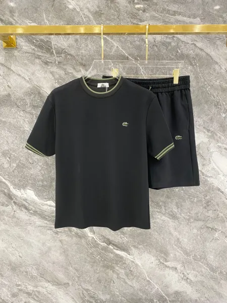 Lacoste Classic Crew Neck T-Shirt and Shorts Set Black with Olive Trim - 1