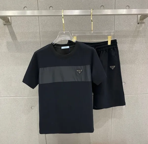 Prada Logo Patch Panel T-Shirt and Shorts Set Black - 1