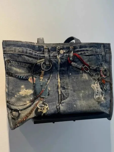 Denim Print Tote Bag with Hardware Accents Blue Tote Bag - 5
