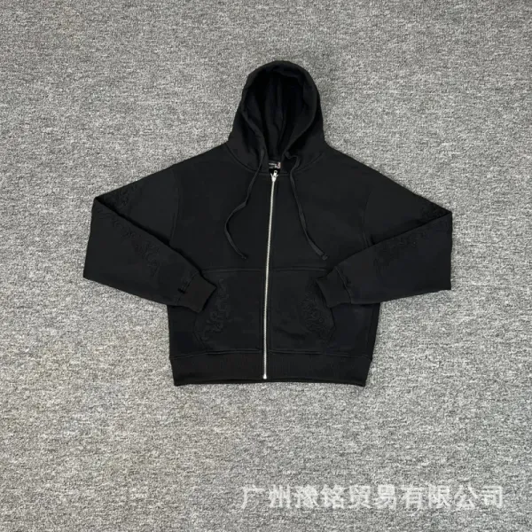 Design Embroidered Dragon Motif Black Zip-Up Hoodie - 1