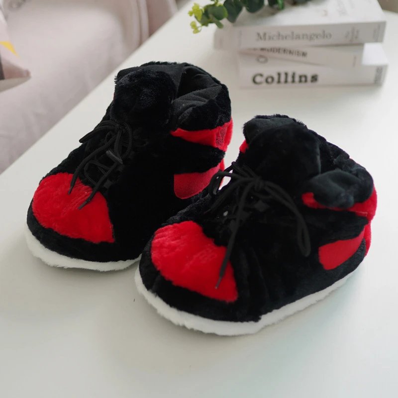 Design AJ-Inspired Fuzzy Slippers Black Red White Slippers - 1