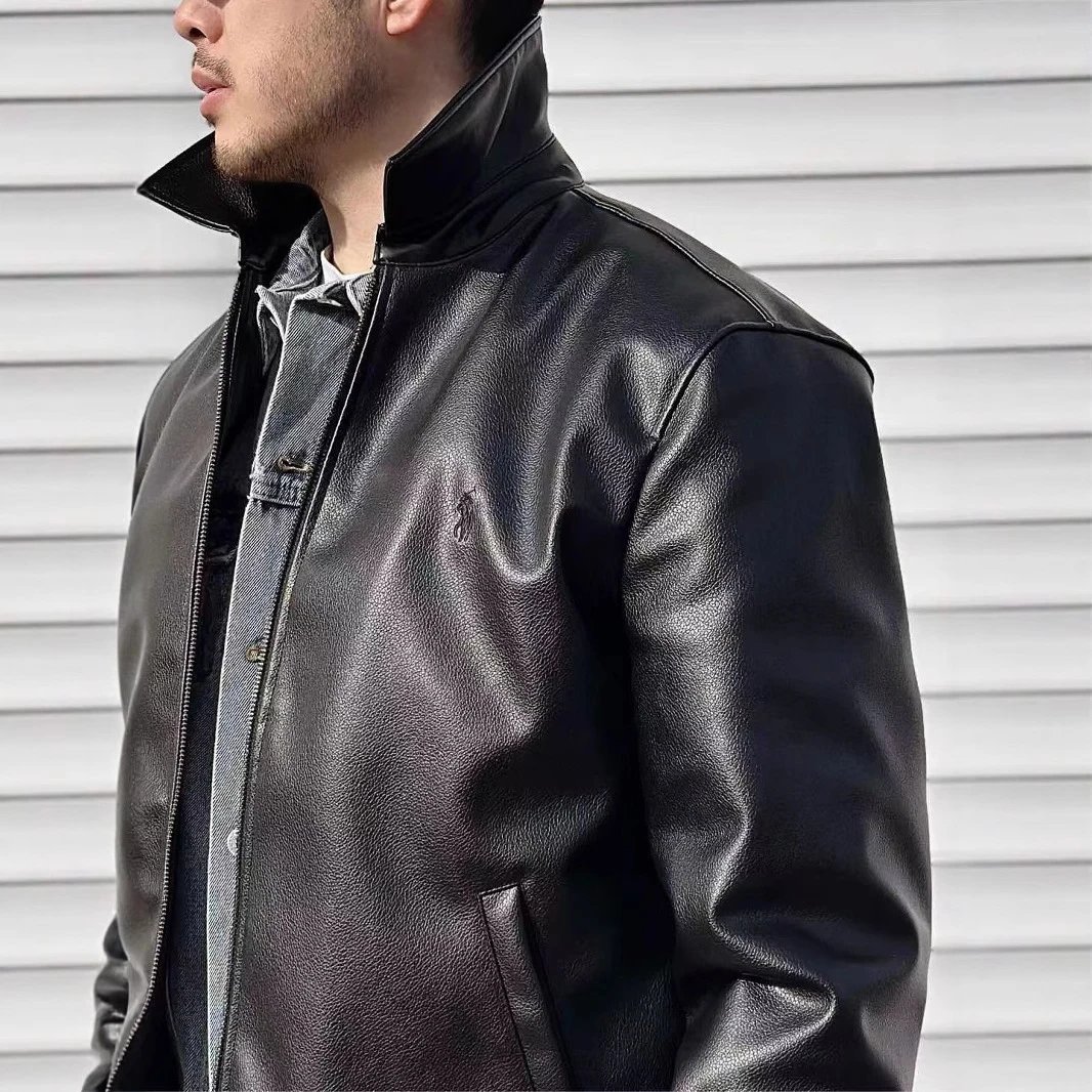 Cross border dropshipping RL pony warhorse embroidered Polo zipper solid color lapel long sleeved leather jacket jacket jacket