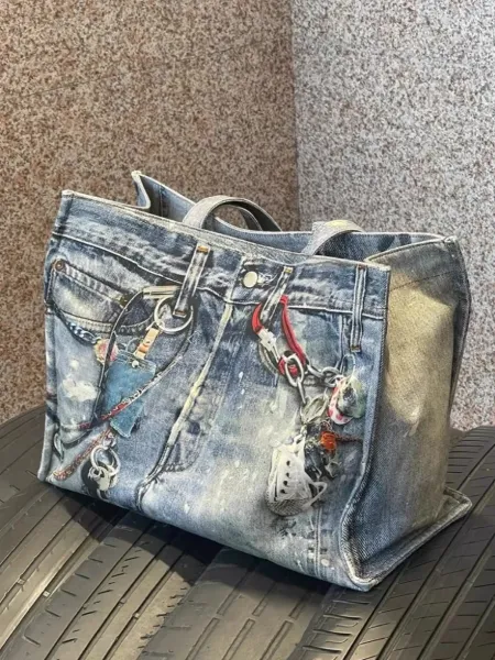 Denim Print Tote Bag with Hardware Accents Blue Tote Bag - 6