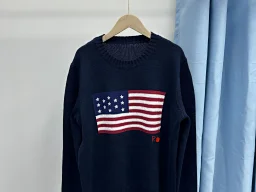 thumbnail for RL New Loose-fitting Crew Neck Knit Sweater with Flag Pattern - Simple and Versatile