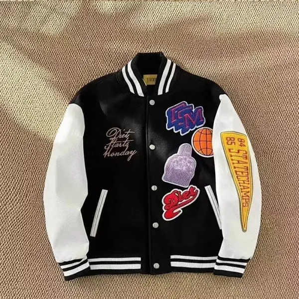 Diet Prada x Unknown Brand Varsity Jacket Black and White with Embroidered Patches - 11
