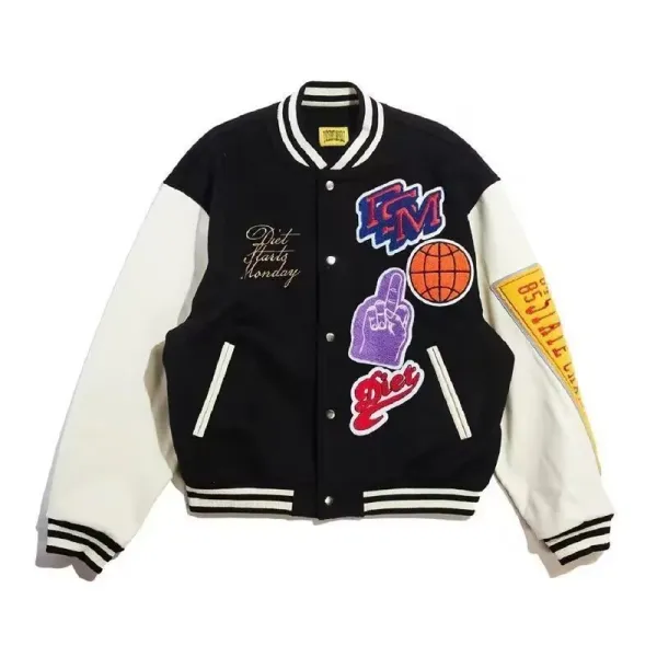 Diet Prada x Unknown Brand Varsity Jacket Black and White with Embroidered Patches - 1