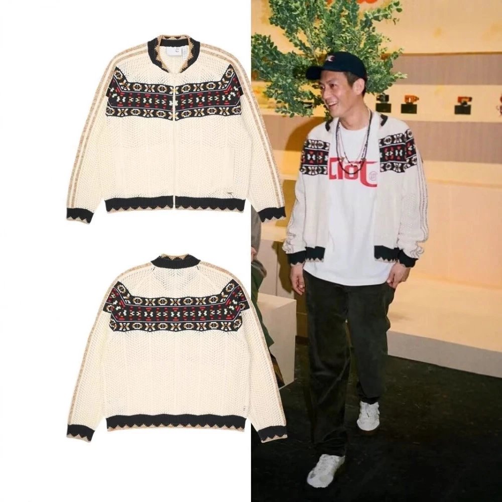Adidas Three Stripe Mesh Knit Cardigan Jacket