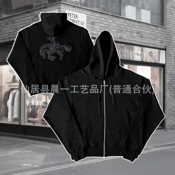 Custom Embroidered Black Hoodie with Horse Motif and Tribal Patterns - 1