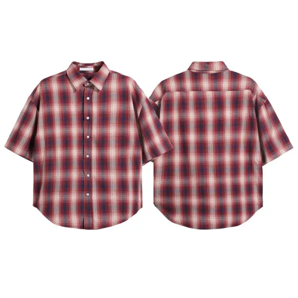 Design Oversized Short-Sleeve Plaid Shirt in Red and Navy - 1