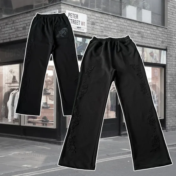 Black Embroidered Dragon Sweatpants - 1