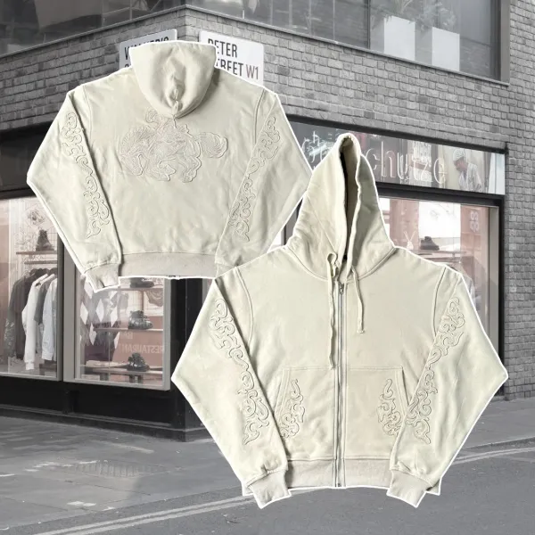 Design Cherry Blossom Embroidered Hooded Jacket Beige Outerwear - 8