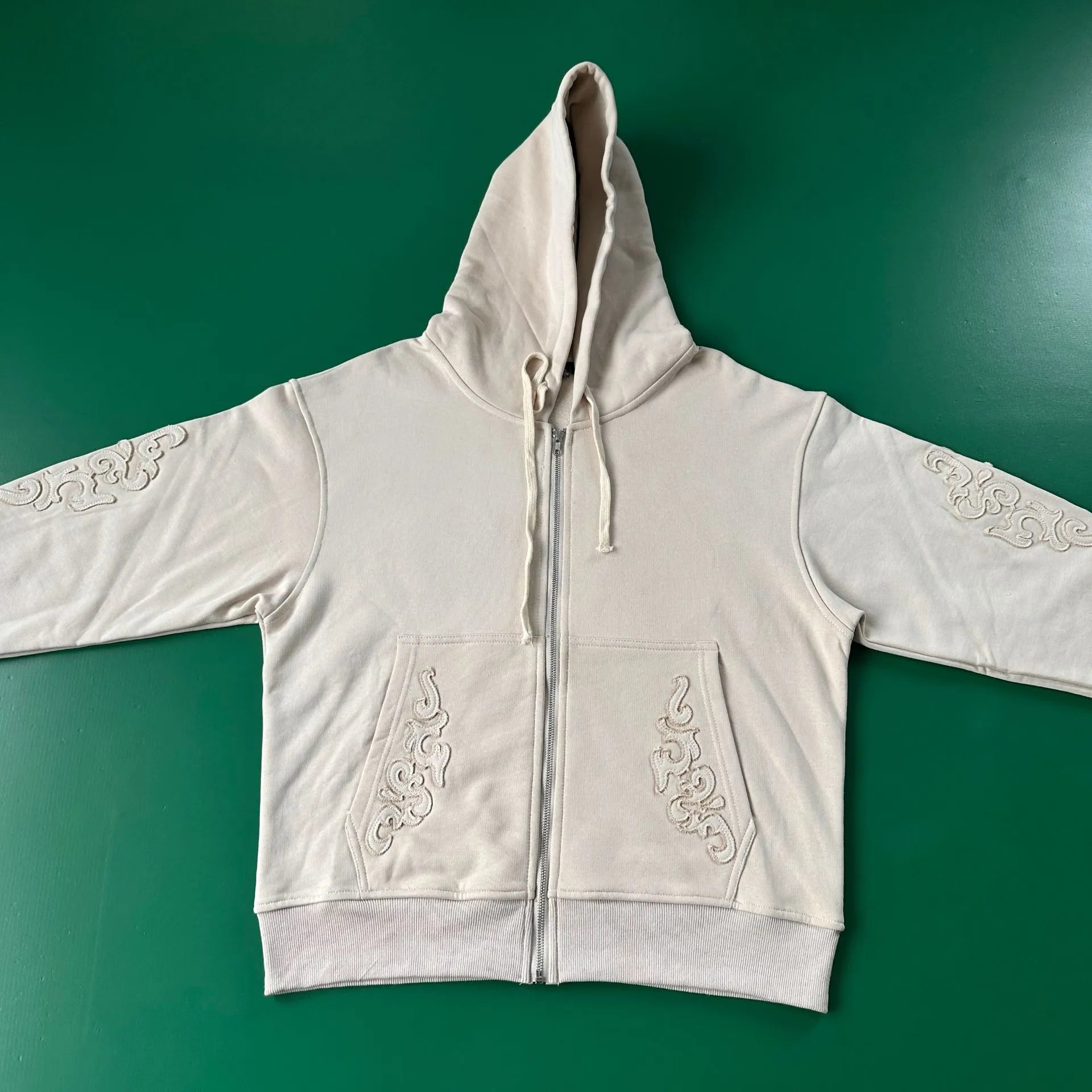 Design Cherry Blossom Embroidered Hooded Jacket Beige Outerwear - 15