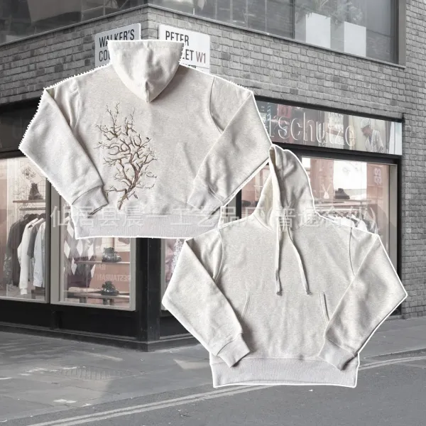Design Embroidered Tree Motif Hoodie Beige - 1
