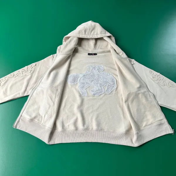 Design Cherry Blossom Embroidered Hooded Jacket Beige Outerwear - 25
