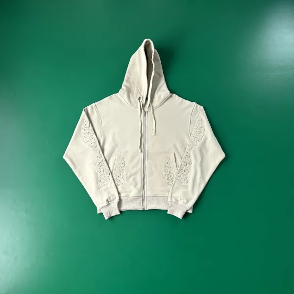 Design Cherry Blossom Embroidered Hooded Jacket Beige Outerwear - 11