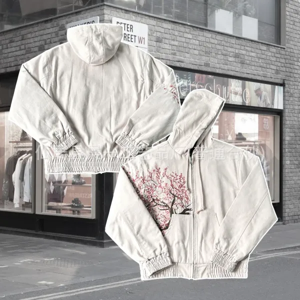 Design Cherry Blossom Embroidered Hooded Jacket Beige Outerwear - 1